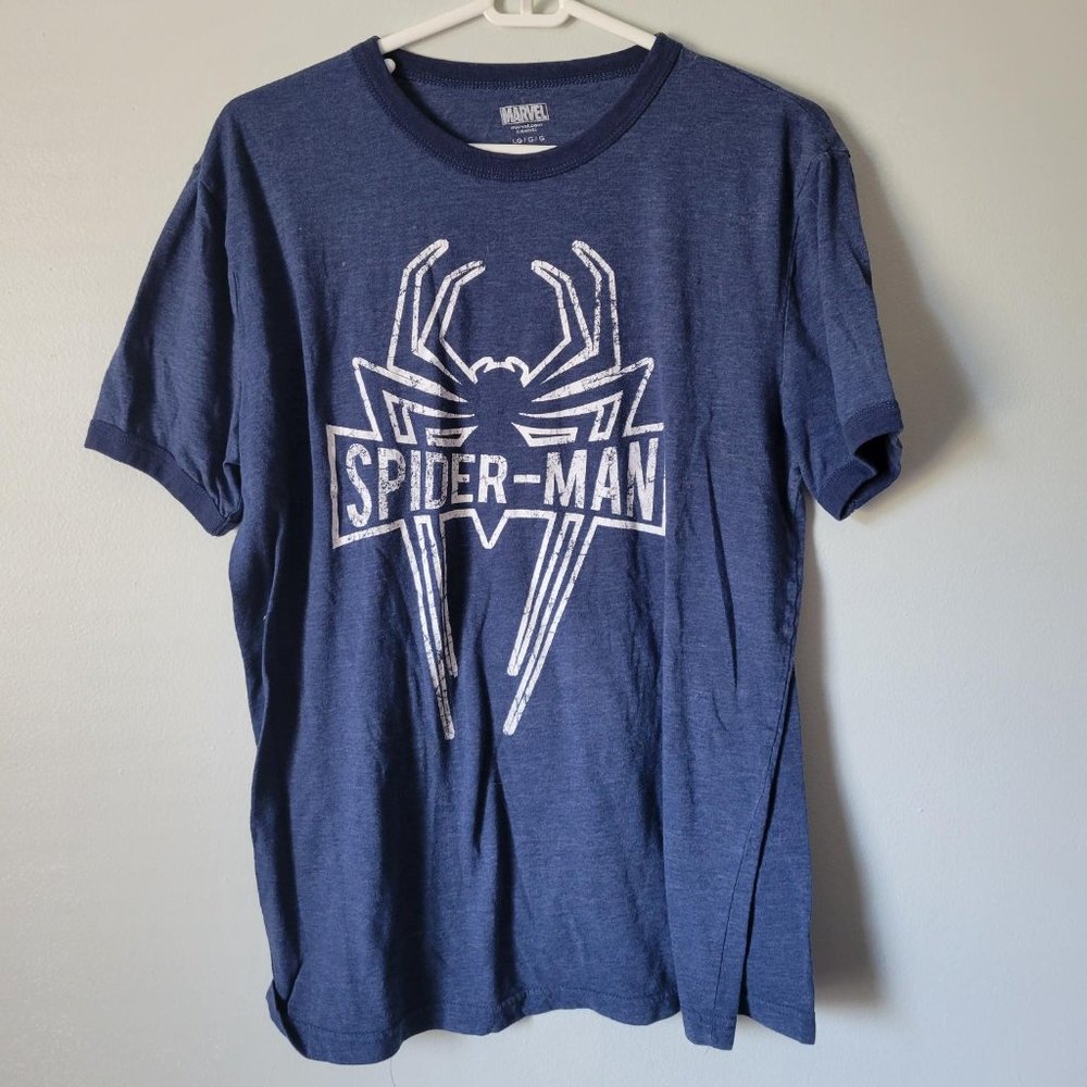 Men's Blue Marvel Spiderman Large Short Sleeve Crew Neck T-Shirt
